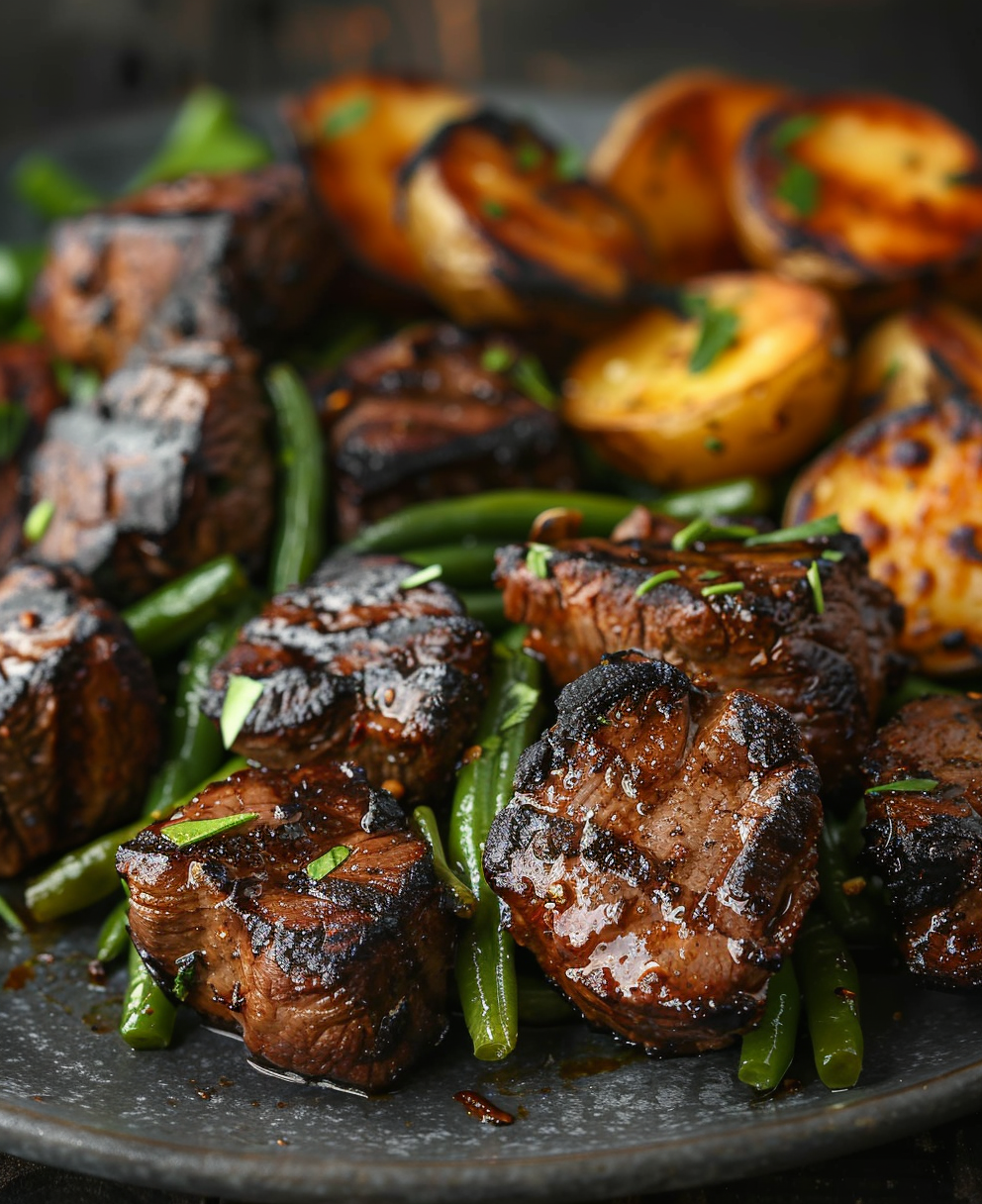 garlic butter steak bites and potatoes