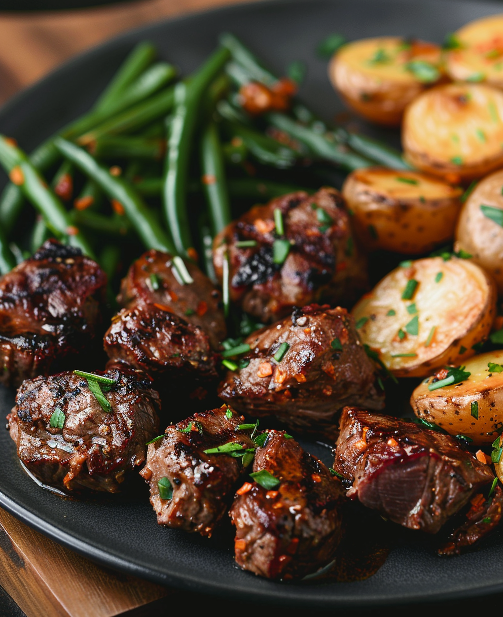 garlic butter steak bites and potatoes