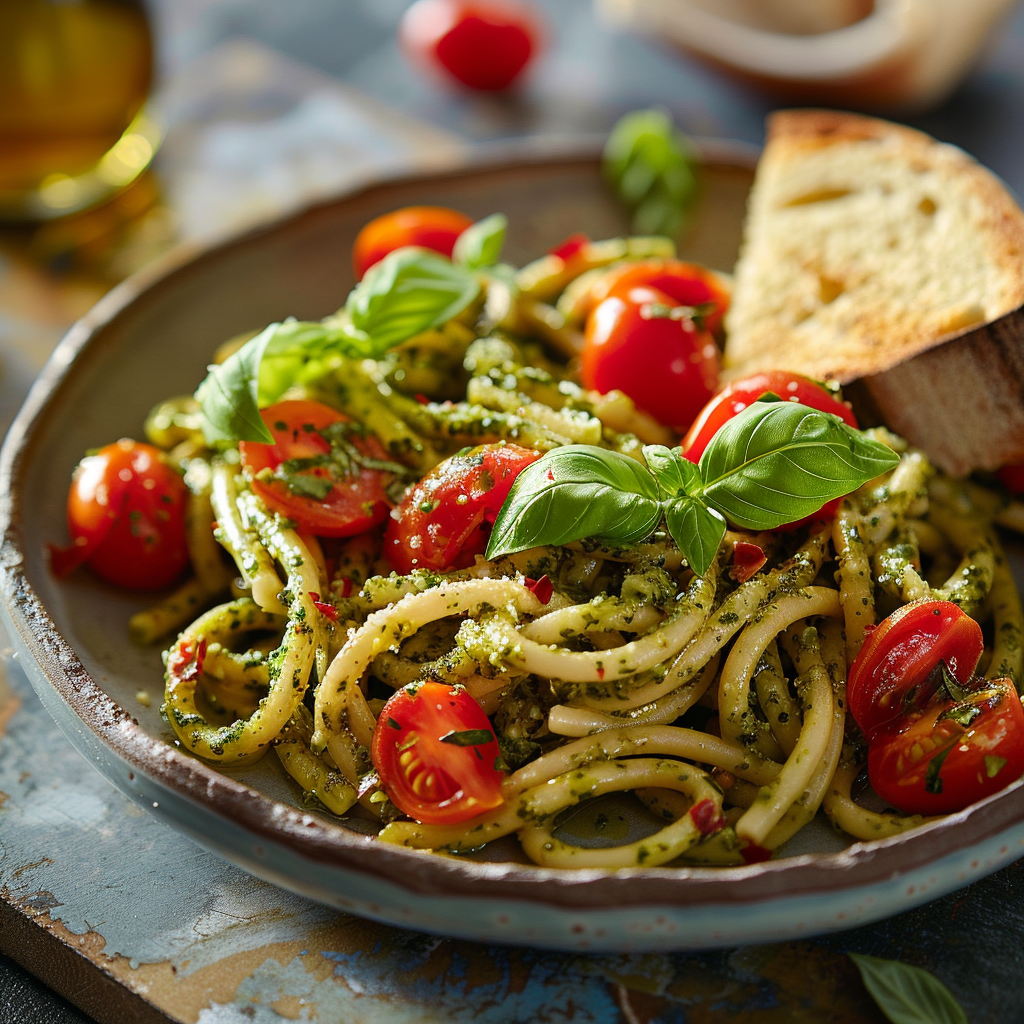 Pesto Pasta with Cherry Tomatoes and Basil
