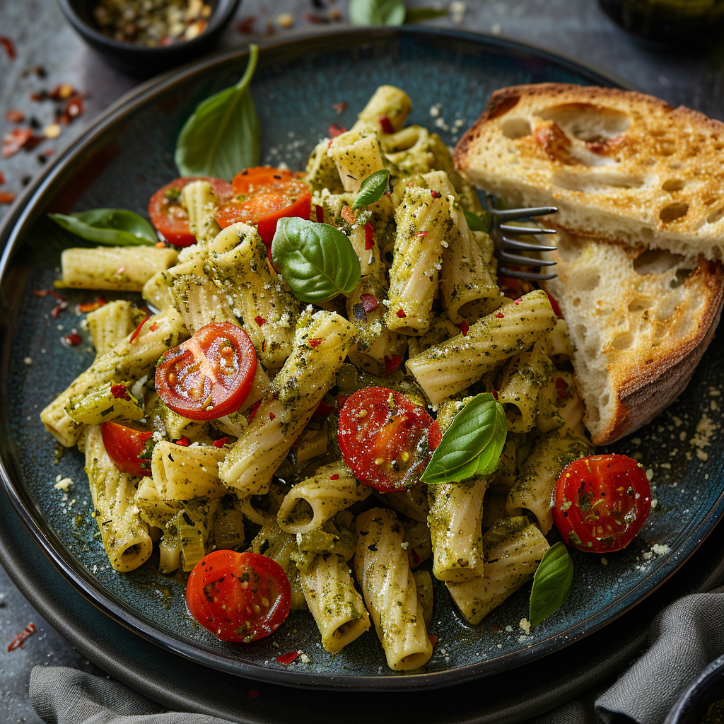 Pesto Pasta with Cherry Tomatoes and Basil