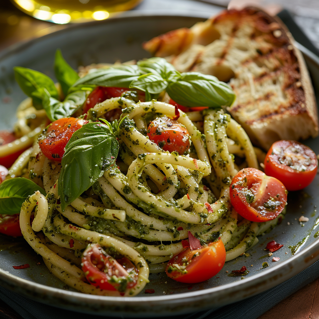Pesto Pasta with Cherry Tomatoes and Basil