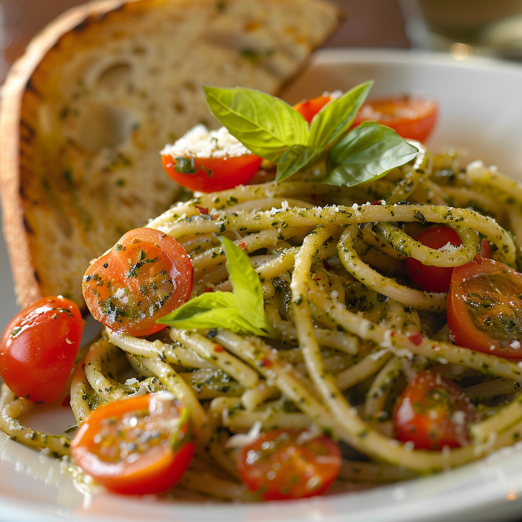 Pesto Pasta with Cherry Tomatoes and Basil