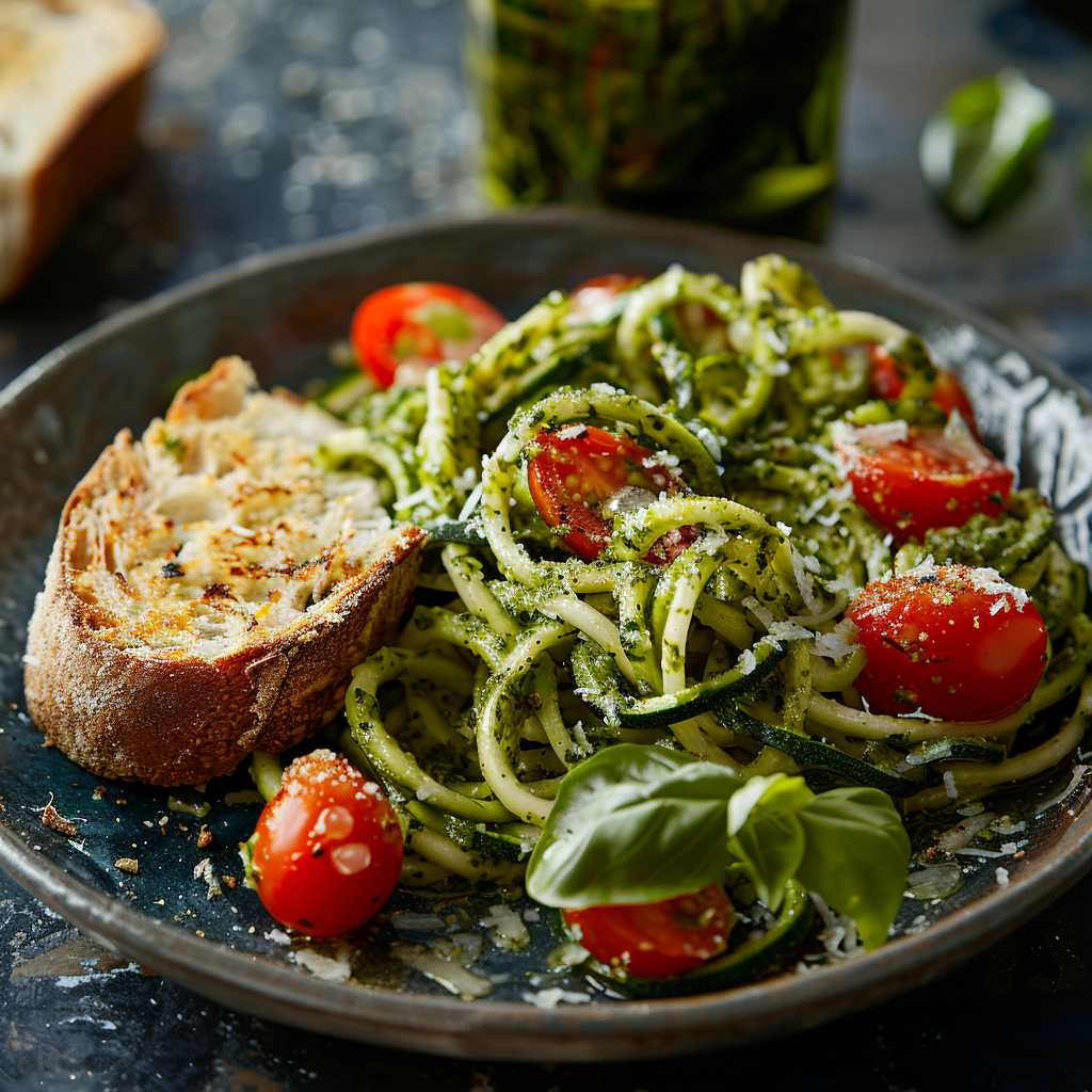 Zucchini Noodle Pesto with Cherry Tomatoes
