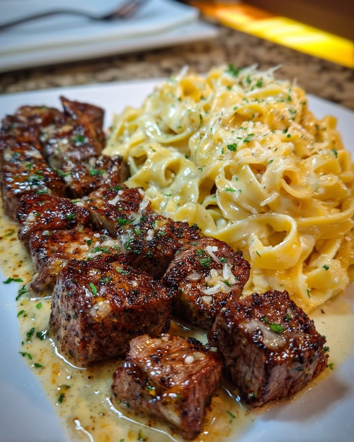 Cheesy Garlic Steak Bites