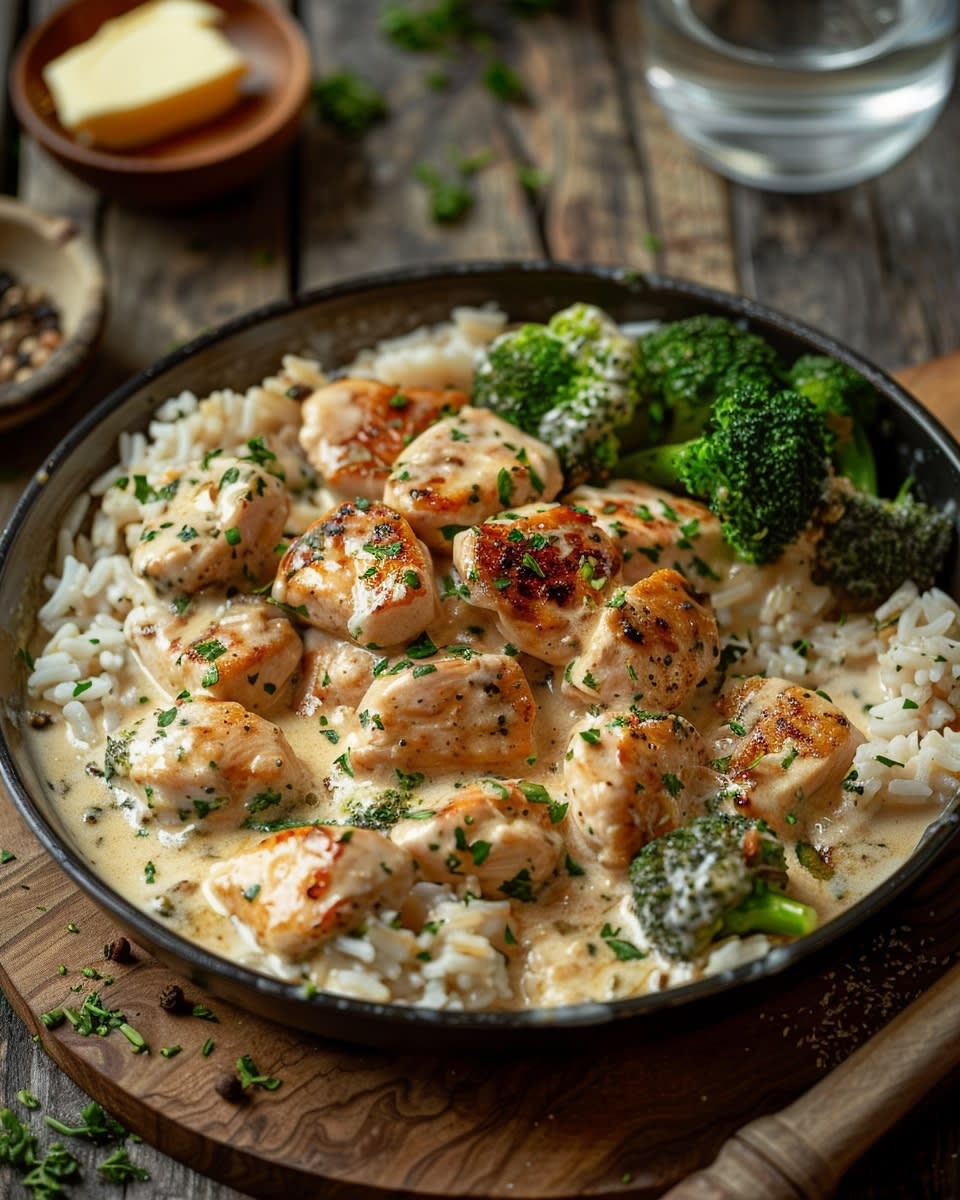 Creamy Garlic Butter Chicken and Rice Skillet