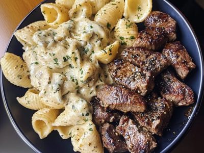 Easy Garlic Butter Steak Bites with Alfredo Shells