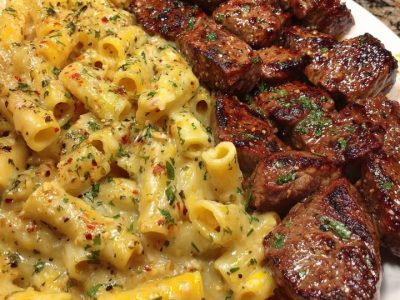 Easy Garlic Butter Steak Tips & Cheesy Penne