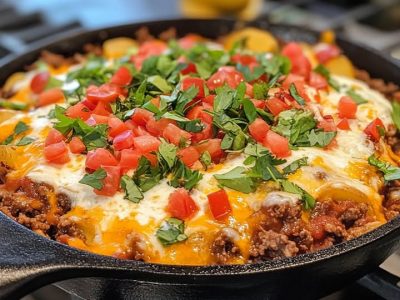 Easy Loaded Beef Potato Nacho Skillet