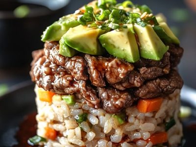 Best Teriyaki Beef & Avocado Rice Stack
