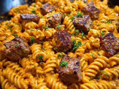 Cheesy Spicy Cajun Steak & Pasta Skillet Recipe