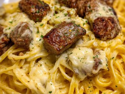 Creamy Garlic Linguine with Beef & Parmesan Sauce