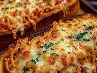 Crispy Garlic Bread Stuffed with Spaghetti and Cheese